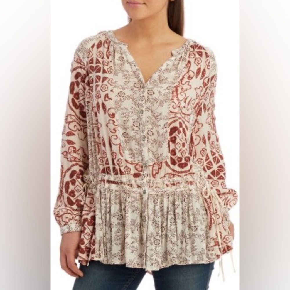 Woman's Free People XS Boho Printed Cinch Waist Button- Front Flowy Top Multi